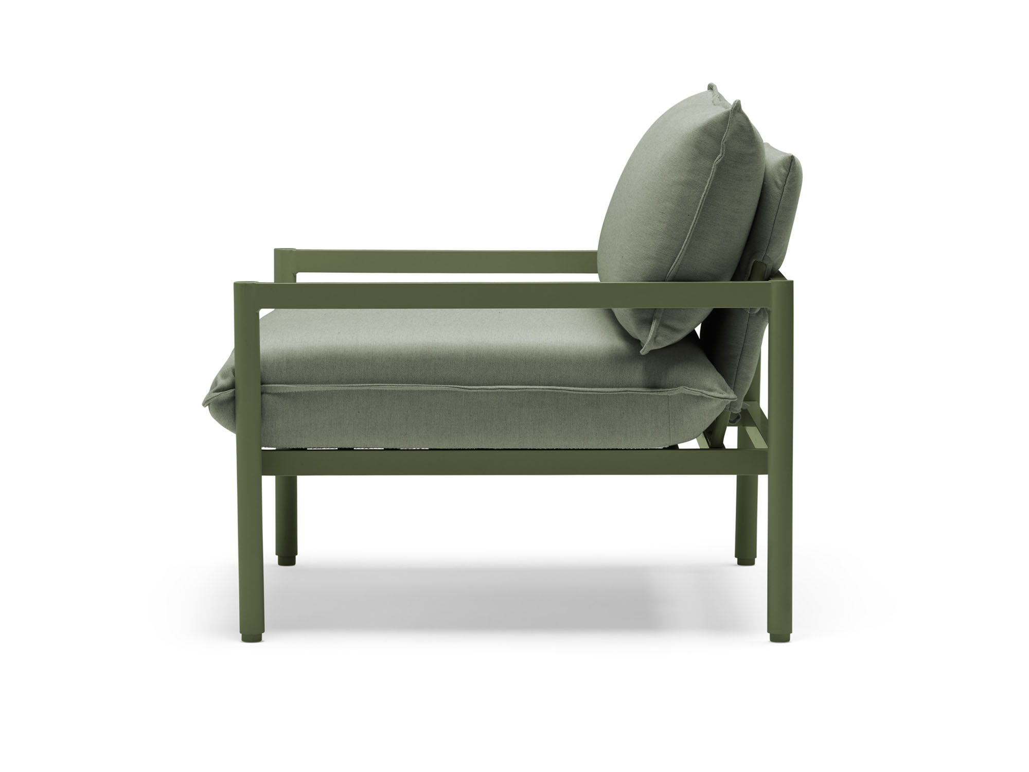 Side view of outdoor chair with green cushions and metal legs